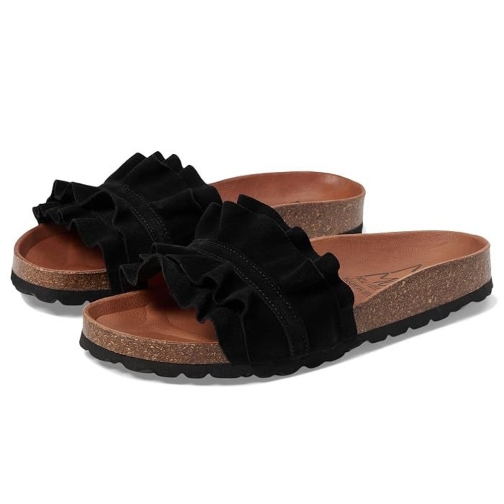 Miz Mooz Black Suede Ruffle Slide Sandals Made in Spain Cork Footbed Womens 39
